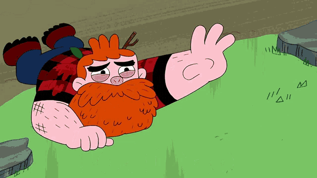 a cartoon character with an orange beard is laying on the grass giving a peace sign