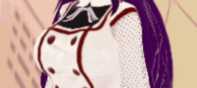 a close up of a woman 's torso with purple hair and a white shirt