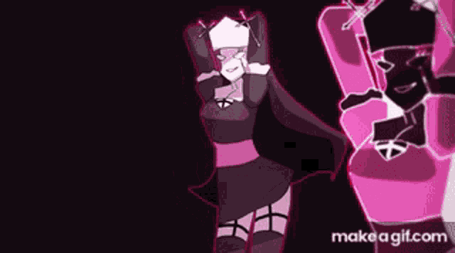 a cartoon character is dancing in front of a pink background .