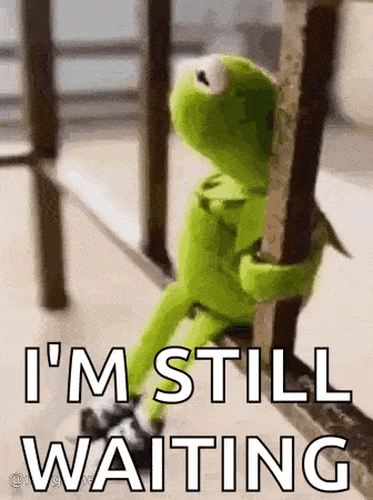 kermit the frog is sitting on a railing and holding onto a railing while waiting .
