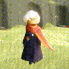 a cartoon character is standing in a field wearing a scarf and a hat .