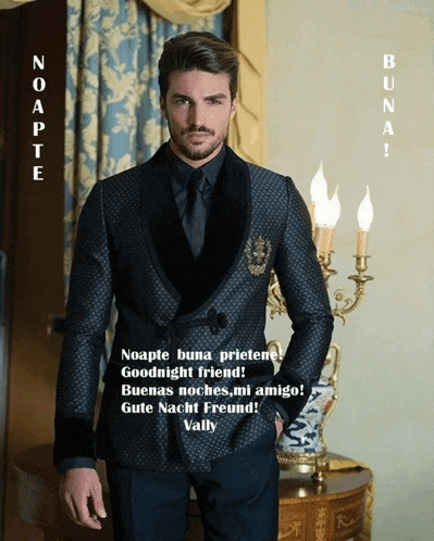 a man in a suit stands in front of a candle holder with the words noapte buna prietene goodnight friend written on it
