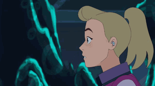 a cartoon character with blonde hair and a ponytail is looking at something