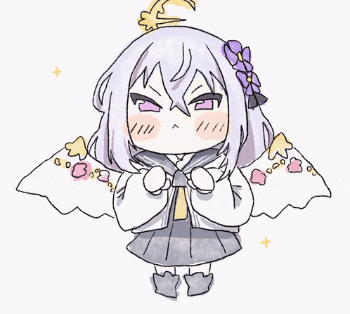a drawing of a girl with purple hair and wings