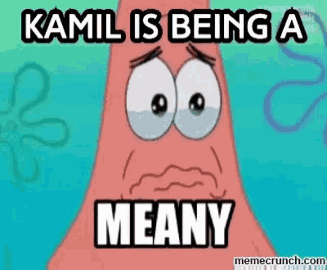 a cartoon of patrick star from spongebob squarepants is being a meany .