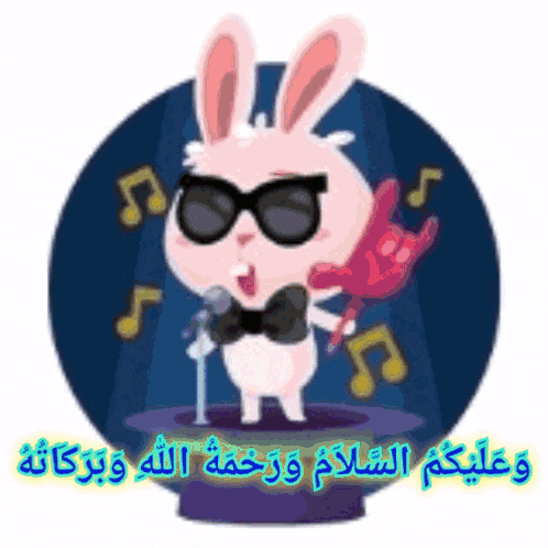 a cartoon rabbit wearing sunglasses and a bow tie singing into a microphone .