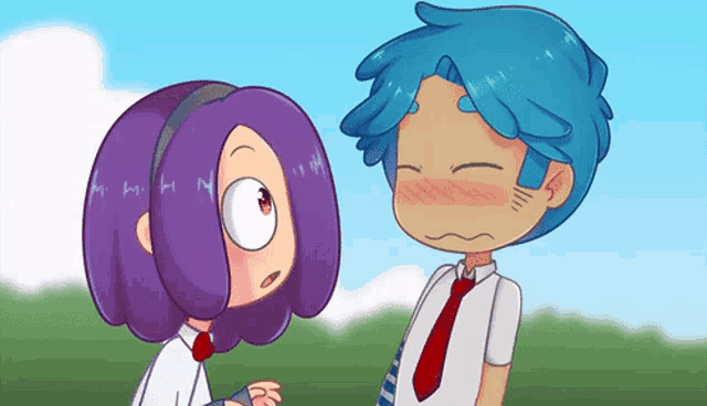 a boy and a girl are standing next to each other and the girl has purple hair