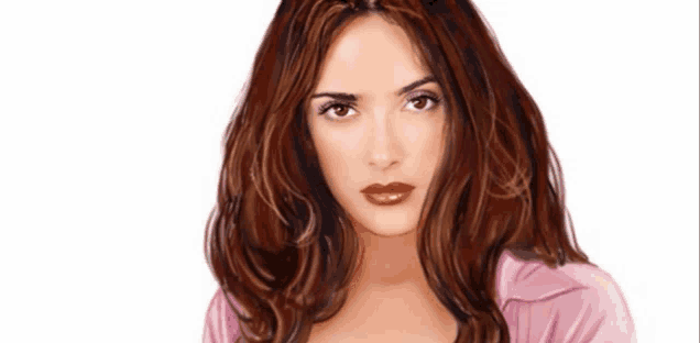 a drawing of a woman with long brown hair and red lips