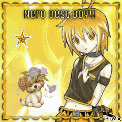 a picture of a boy and a dog with the words nero best boy