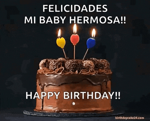 a chocolate birthday cake with three lit candles on top