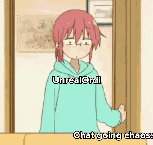 a cartoon girl is standing in a doorway with the words chat going chaos .