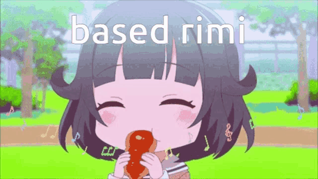 a cartoon girl is eating a donut and the words based rimini are behind her