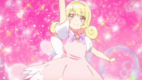 a cartoon girl in a pink dress is surrounded by hearts