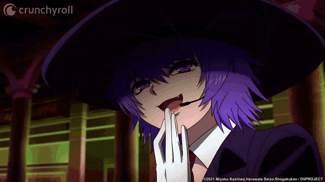 a girl with purple hair and a crunchyroll logo