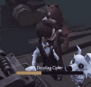 a person in a video game with the word decoding cipher on the screen