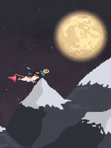 a pixel art drawing of a person flying over a snowy mountain
