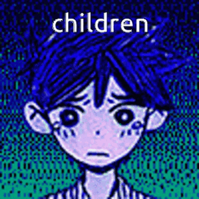 a pixel art drawing of a boy with blue hair and the words `` children '' .