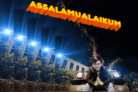 a man sitting in front of a building with the words assalamualaikum above him