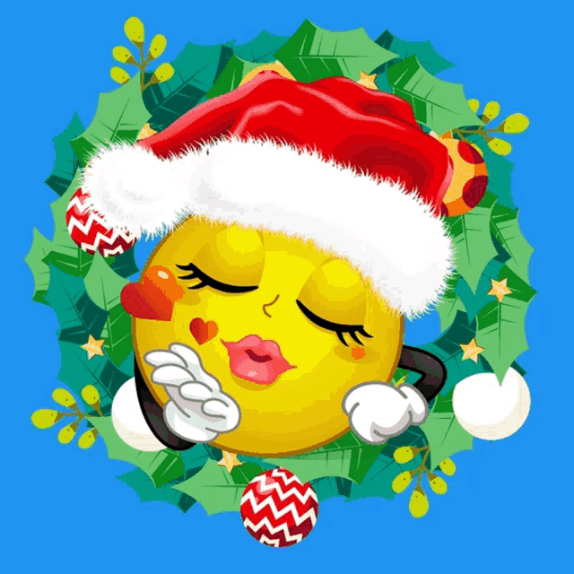 a smiley face wearing a santa hat and a wreath around it