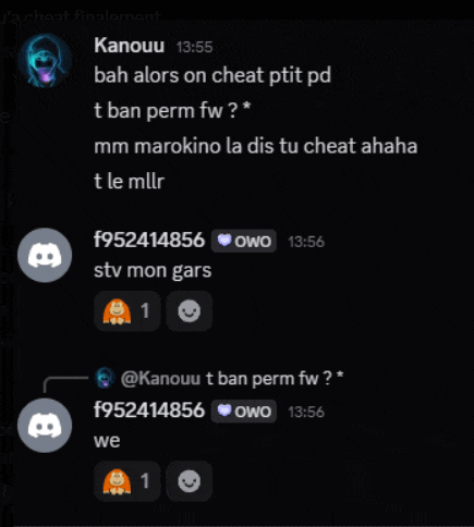 a screenshot of a discord conversation between kanouu and f952141856
