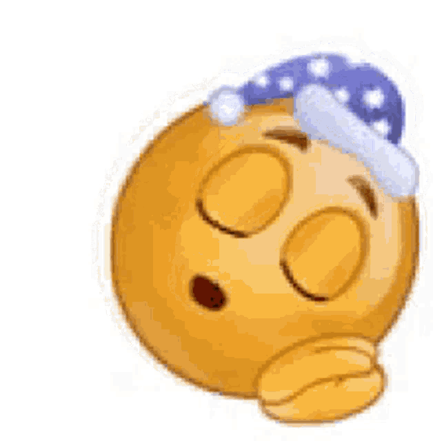 a yellow smiley face wearing a blue hat and covering its eyes .