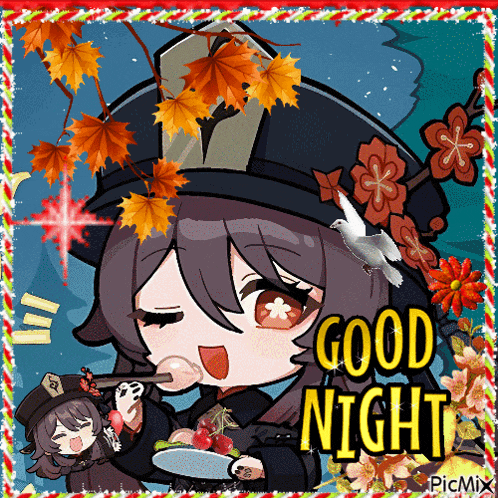 a picture of a girl holding a plate of food with the words good night written on it