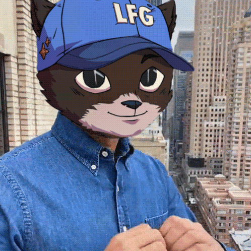 a man wearing a blue hat that says lfg