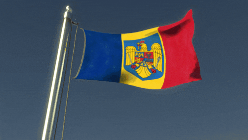a blue yellow and red flag with an eagle on the top