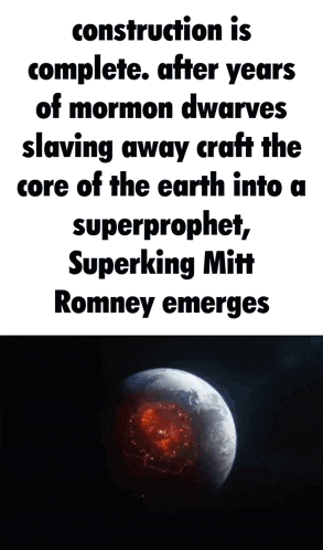 a poster that says construction is complete after years of mormon dwarves slaving away craft the core of the earth