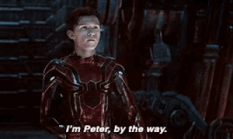 a man in a spiderman suit is saying `` i 'm peter , by the way '' .