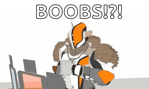 a man in a futuristic suit is standing in front of a computer with his arms outstretched and the words `` boobs ! ''
