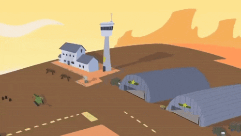 a cartoon drawing of a military base with planes and a tower