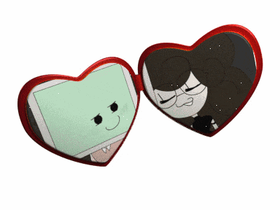 a heart shaped mirror with a cartoon character in it