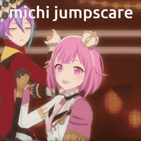 a girl with pink hair is standing next to a boy with purple hair and the words michi jumpscare above her