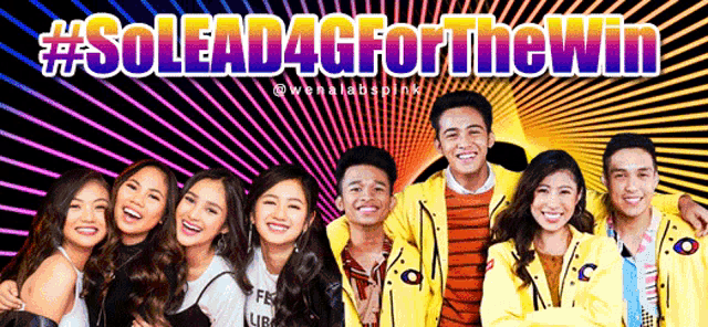 a group of people posing for a picture with the words # solead4gforthewin written above them