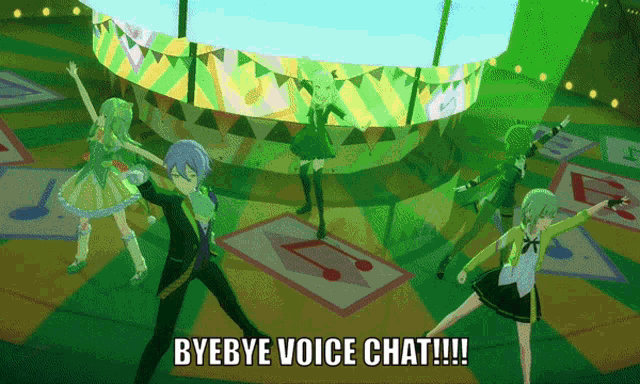 a group of anime characters are dancing on a stage with the words byebye voice chat