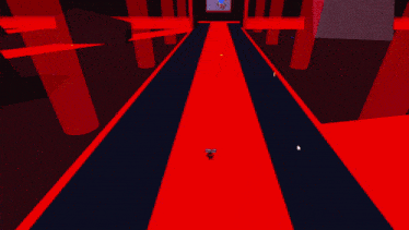 a screenshot of a video game shows a red and blue striped floor