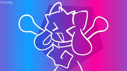 a blue and purple background with a drawing of a cat and a dog .