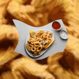 a plate of fried calamari and french fries on a napkin