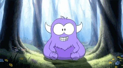 a cartoon purple monster with horns is sitting in the middle of a forest .