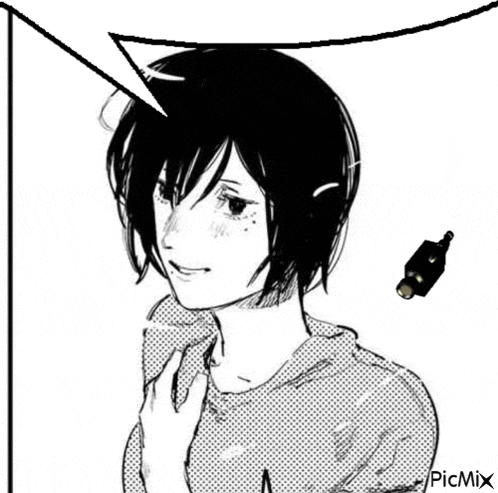 a black and white drawing of a girl with short hair and a speech bubble above her head .