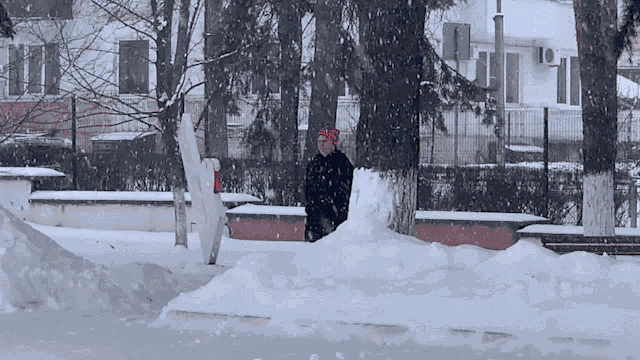 a man wearing a red hat is walking through a snowy park