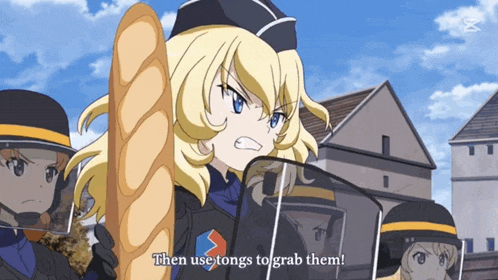 a girl holding a loaf of bread with the words then use tongs to grab them below her