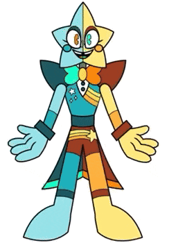a colorful cartoon character with a star on his head and a bow tie .