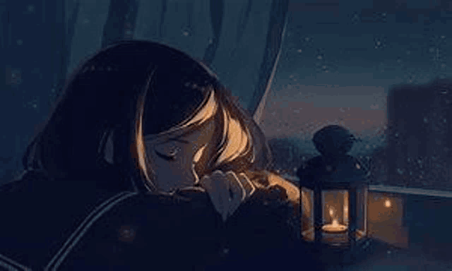 a girl is sitting in front of a window with a lantern in her hand .