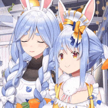 two anime girls with bunny ears are standing next to each other with their eyes closed