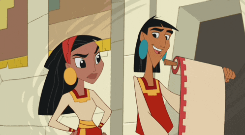 two cartoon characters standing next to each other one holding a piece of paper