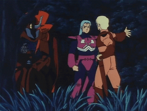 a group of cartoon characters are standing in the grass and one of them has the letter z on his chest