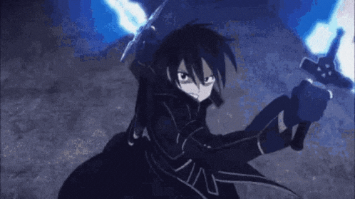 a person is holding a sword in their hand in a dark room with a blue background .