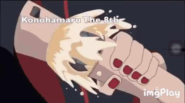 a cartoon of a person holding a sword with the words konohamaru the 8th written on it